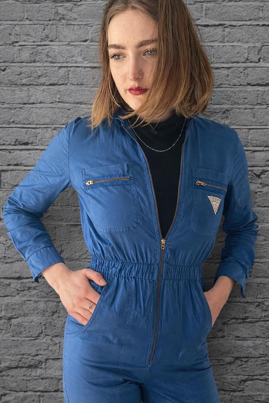 Vintage 1980s GUESS Utility Jumpsuit, Blue Cotton Designer Womens Flightsuit